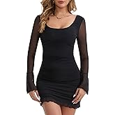 MISMI Women's Mesh Sheer Long Sleeve Ruched Mini Dress Sexy Bodycon Square Neck Cocktail Party Club Dresses 2025