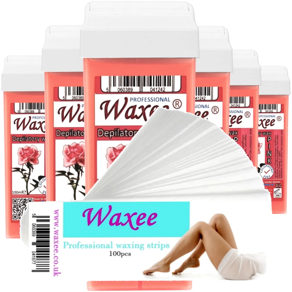 6x 100ml roll-on wax roller wax cartridge refill + 100 waxing strips from UK brand Waxee! (Pink)