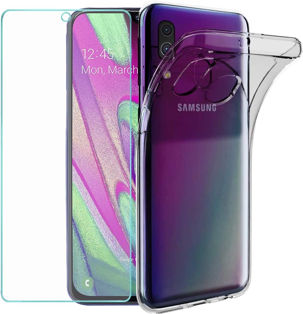 Wanxideng Tempered Glass Screen Protector + Slim Clear Soft Case TPU Silicone Cover for Samsung Galaxy A40