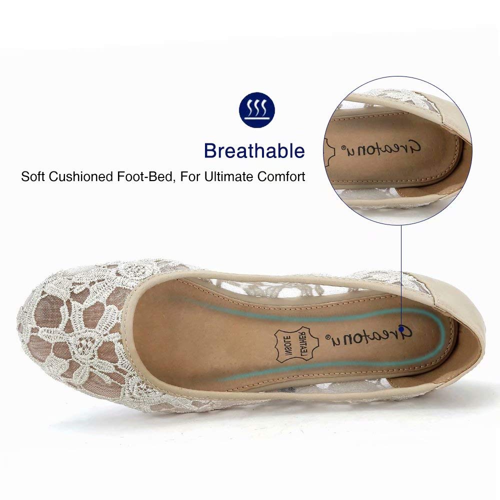 Greatonu Women's Slip-On Ballerina Flats | Round Toe, Breathable Lace Design, Synthetic