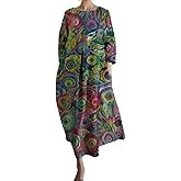 Akivide Women's Flowy Oversized Baggy Boho Floral Print Crewneck Long Sleeve Cotton Maxi Dress Loose Dress