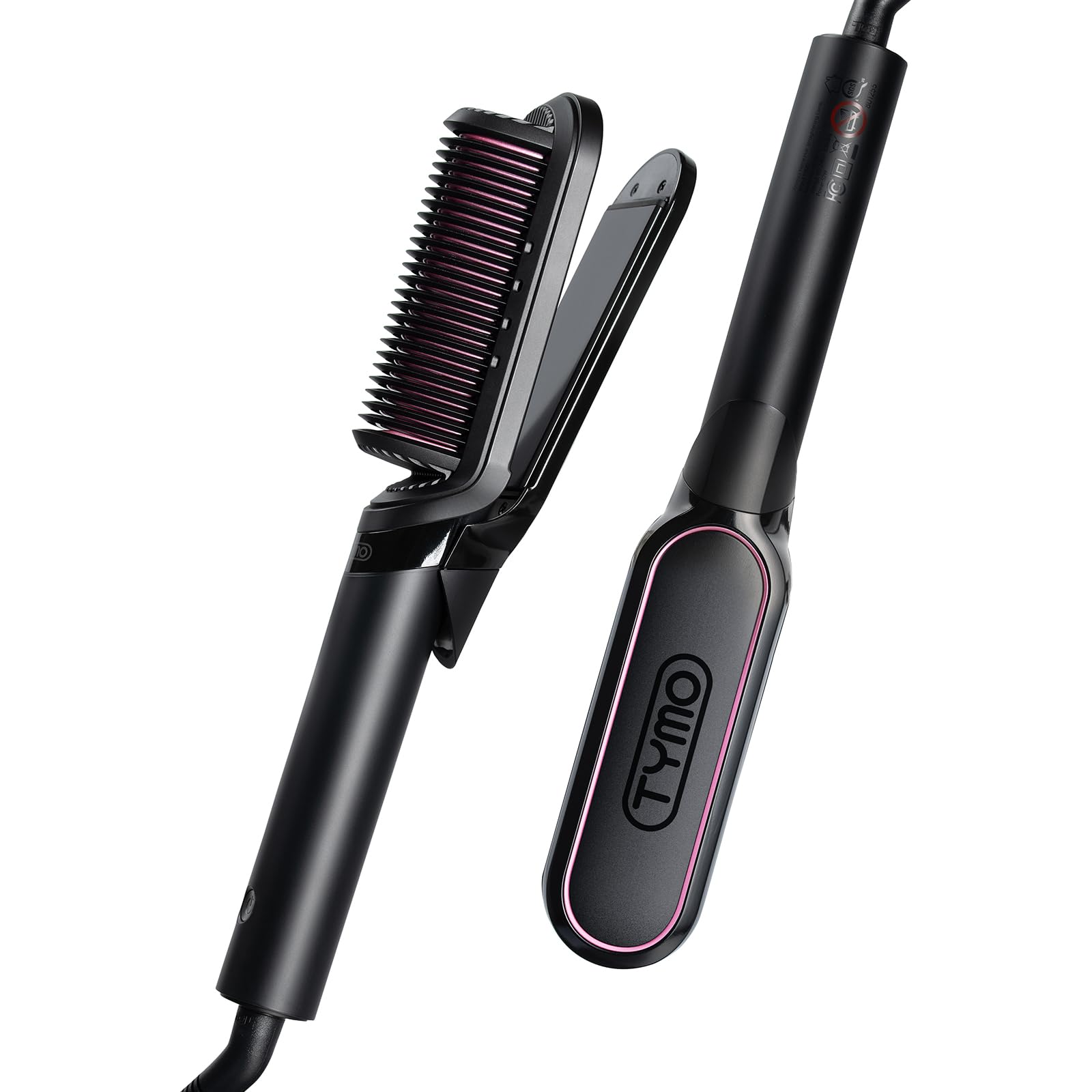 TYMO Hair Straightener Brush and Flat Iron 2 in 1, 200M Ions Hair Straighteners for Women, Ceramic Dual Voltage Straightening Hot Comb for Anti-Frizz Straights, Waves, Curls, Less Heat Damage, Black