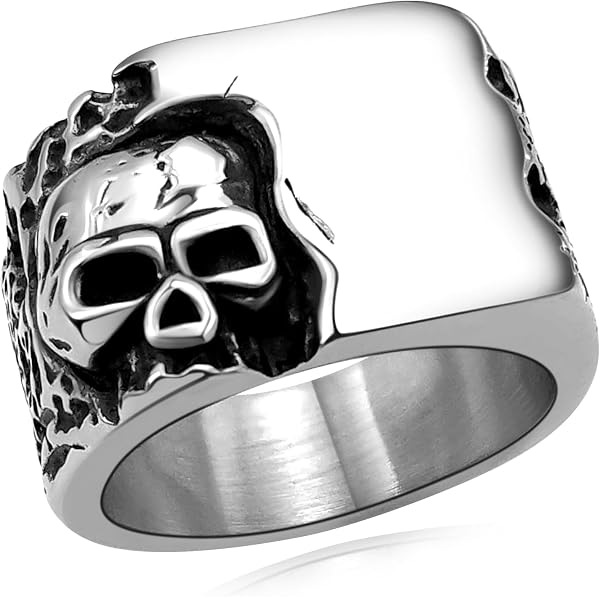 Men Skull Ring Stainless Steel Men\'s Wide Skull Biker Ring Shield Size 9-15 display picture 1