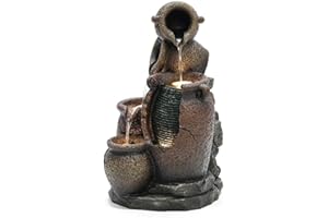 LUXENHÖME LuxenHome Resin Stacked Rock Wall and Barrel Outdoor Fountain with LED Lights 22" Outdoor Indoor Dector Water Fountain for Yard, Garden, Patio, House