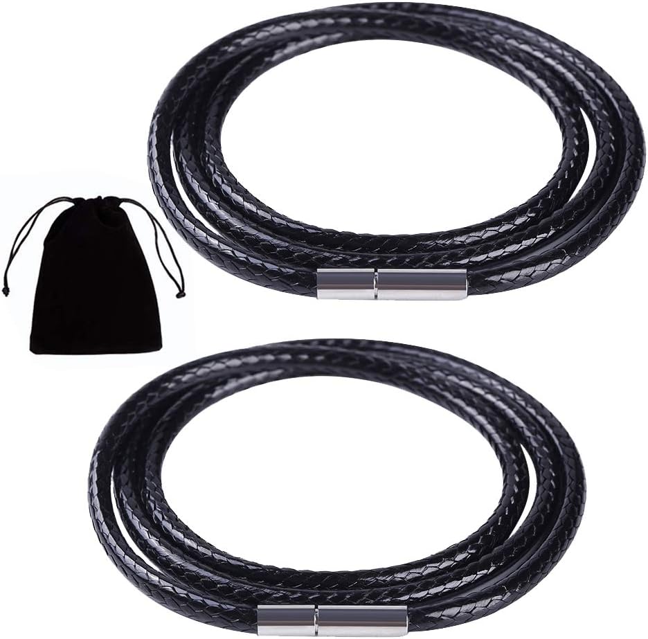 UOWAN 2 PCS Leather Cord Necklace 3mm Black Artificial Leather Necklace Braid 316 Stainless Steel Clasp Wax Leather Chain for Men and Women
