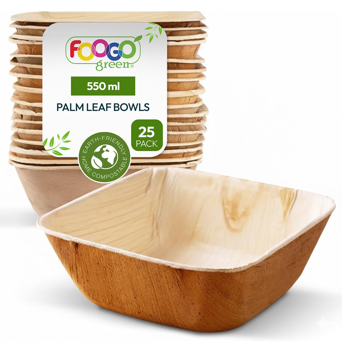 FOOGO Green 25pcs Disposable Palm Leaf Bowls, 5" (13cm) 19.4oz (550ml), for Soup, Desserts & Salad, Deep Square, Sturdy Eco Friendly Biodegradable, Bamboo, Wooden and Paper Bowls for Hot Food