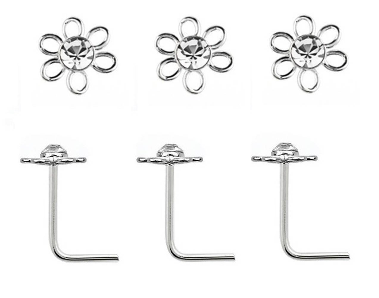 SET OF 3 Flower Nose Studs 925 Silver L SHAPE Thin 0.6mm Bar