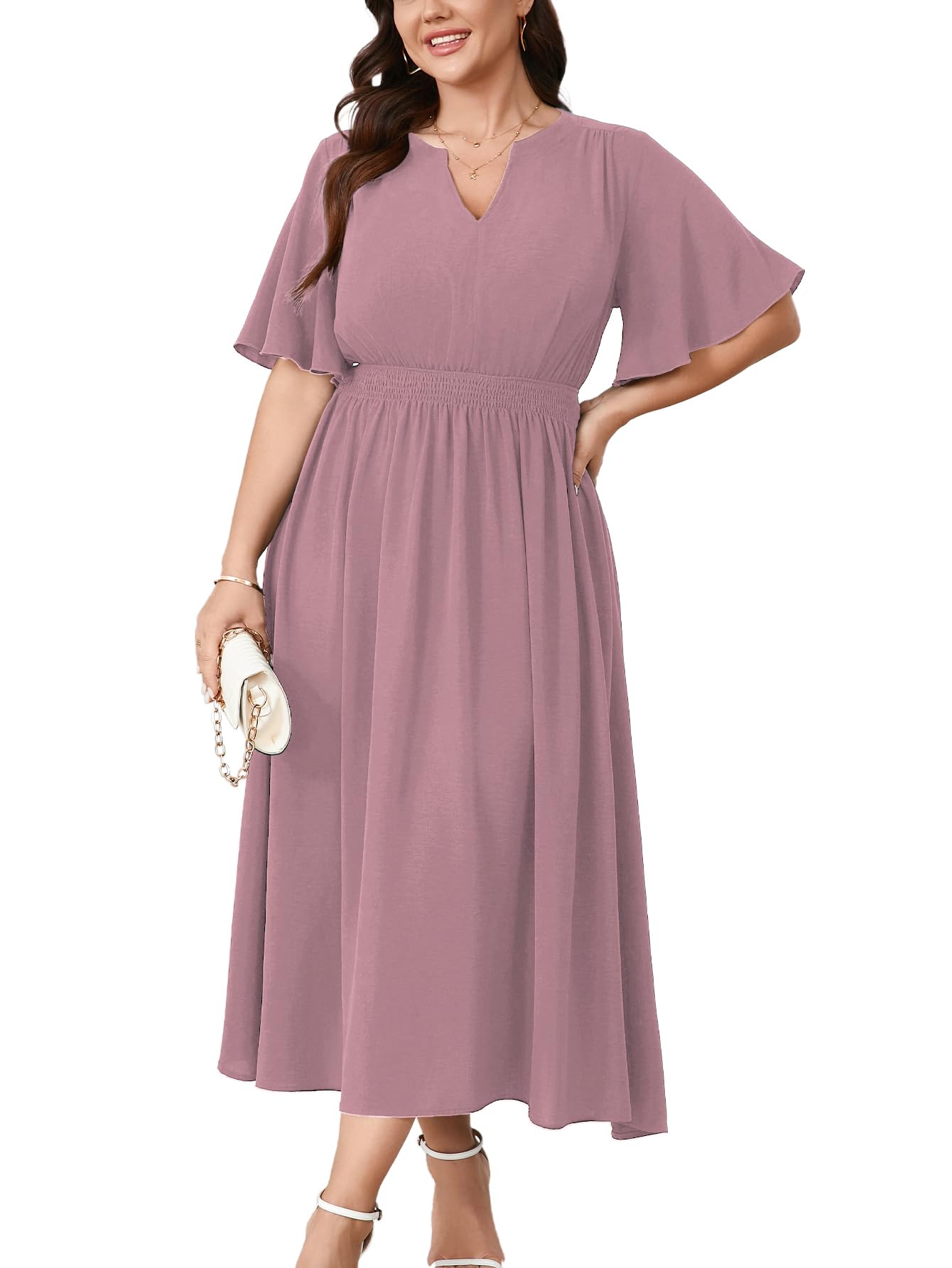 Photo 1 of **SIMILAR TO PHOTO** CICIDUDU Women's Plus Size Dress for Women Wedding Guest Cocktail Smocked Ruffle Short Sleeve V Neck Flowy Maxi Dresses Dusty Pink
Size 1XL