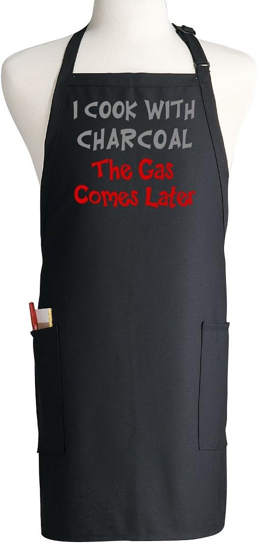Barbecue Aprons With Funny Sayings I Cook With Charcoal, Black, 2 Pockets, Adjustable Neck Strap