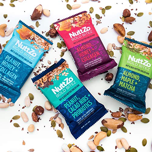NuttZo Bold BiteZ - Peanut, Honey + Collagen Seven Nut & Seed Butter Protein Snack Bars, 1.41 Ounce (Box of 12)