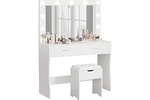 Furmax Vanity Desk Set with Large Lighted Mirror, 35.4 Inch Makeup Vanity Table with 2 Drawers, Cushioned Storage Stool, 3 Lighting Modes Brightness Adjustable, Dressing Table for Bedroom (White)