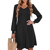 CUKOLSXA Womens Long Sleeve Winter Dress 2025 Casual Cocktail Party V Neck Solid Color Pleated Mid Length Dresses