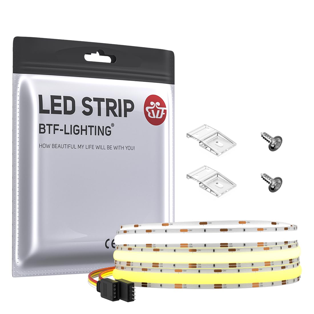 BTF-LIGHTING COB CCT Flexible High Density FCOB LED Strip 3.3FT 640LEDs Tunable 3000K-6000K CRI＞90 Dimmable Deformable LED Light Ribbon IP30 DC12V(Only LED Strip)