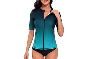 Tournesol Women's Rash Guard Short Sleeve Swim Shirt Zip Front Swim Top UV Sun Protection Swimsuit Top No Bra