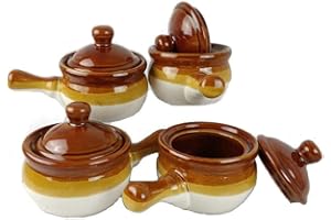 Individual French Onion Soup Crock Chili Bowls with Handles and Lids, Ceramic 16 Ounces 4 Pack