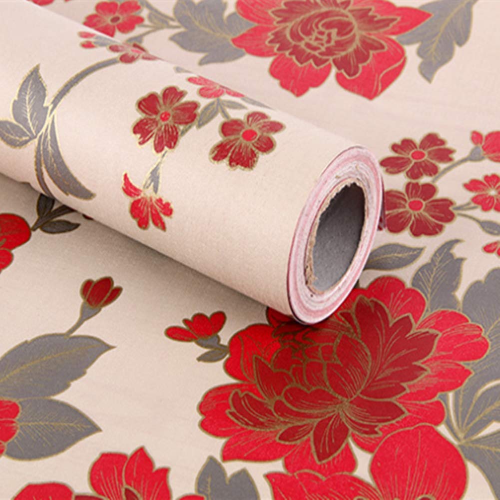 Red Floral Decorative Adhesive Paper Shelf Liner Peel Stick Wallpaper for Kitchen Cabinets Drawers Countertops 17.7inch by 9.8ft