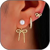 Gold Bow Earrings Set for Women Dainty Pearl Bow Huggie Earrings Ribbon Bowknot Hoop Earrings Christmas Prom Jewelry Gifts
