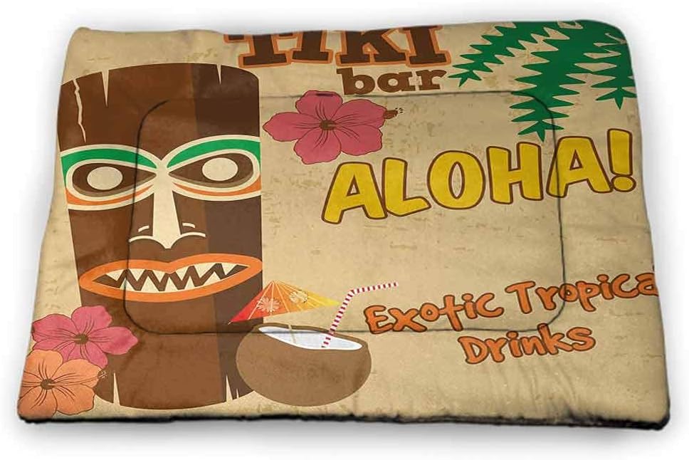Nomorer Large Cat Food Mat Tiki Bar for Food and Water for Wood Floors Polynesian Statue with Tropical Drink Retro Typography and Flora Old Aged Design 40