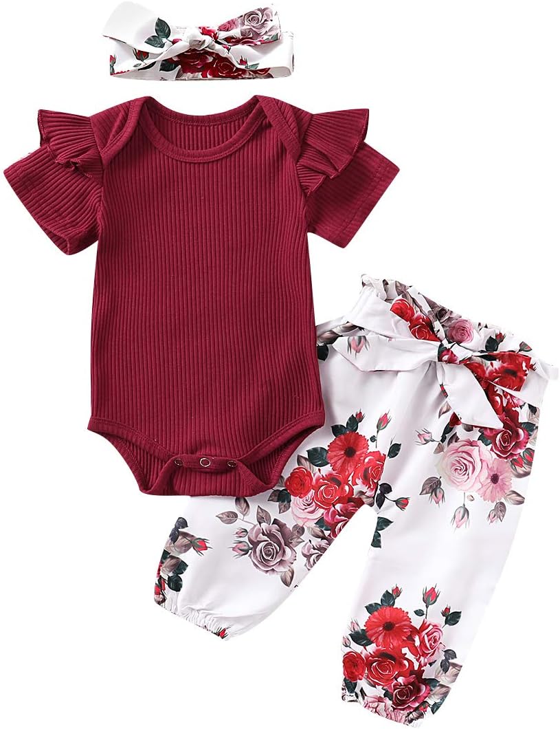 Newborn Baby Girls Clothes, Infant Kids Toddler Long/Short Sleeve Ruffle Romper Bodysuit and Floral Pants Set Outfits