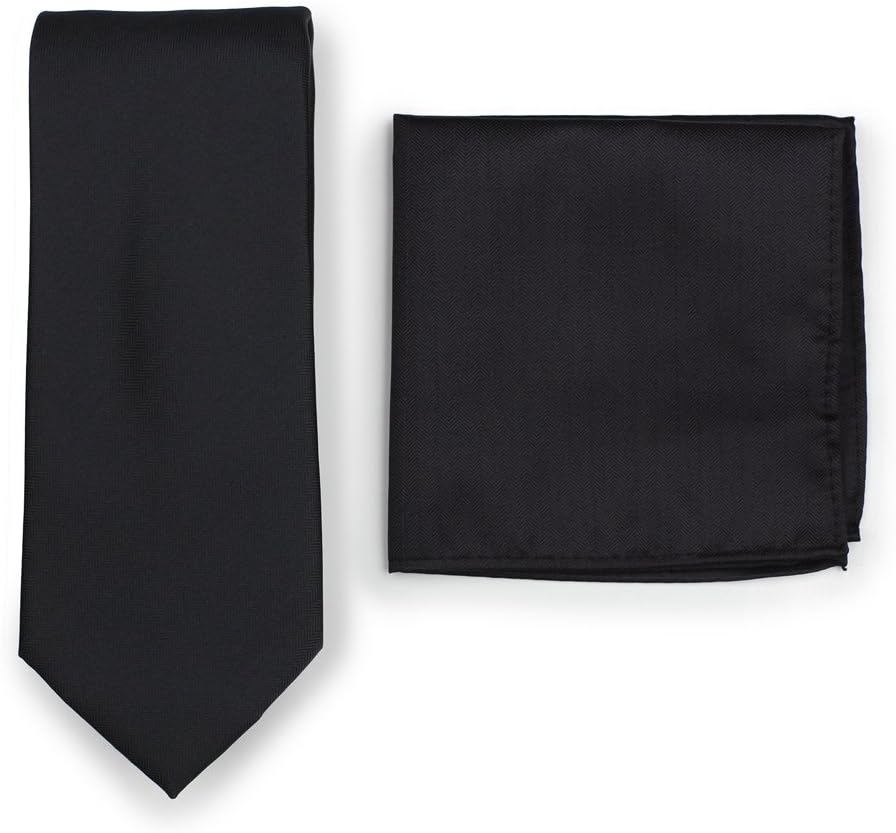 Bows-N-Ties Men's Solid Necktie and Pocket Square Set Matte Herringbone Finish