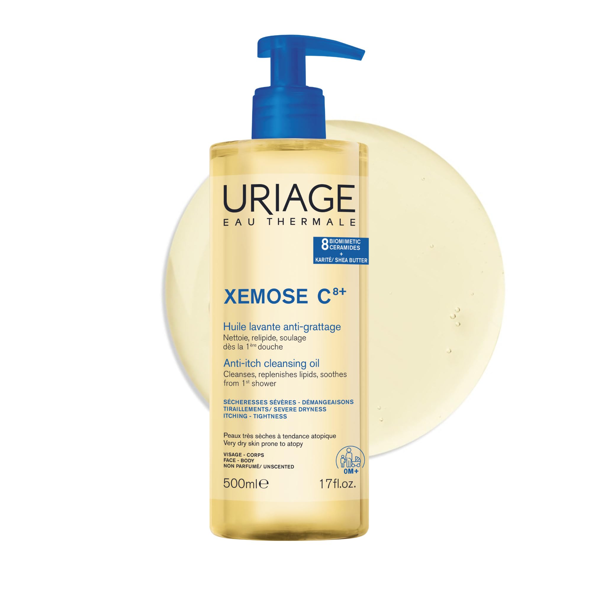 Uriage Xemose C8+ Anti-itch Shower Oil 500ml – Face & Body Wash - Very Dry Skin Prone to Atopy – Soothes from 1st application - 8 Biomimetic Ceramides & Shea Butter - Fragrance-Free
