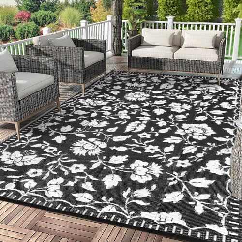 Garvee Floral Outdoor Rug 9x12 Patio Waterproof, Vintage Outdoor Plastic Straw…