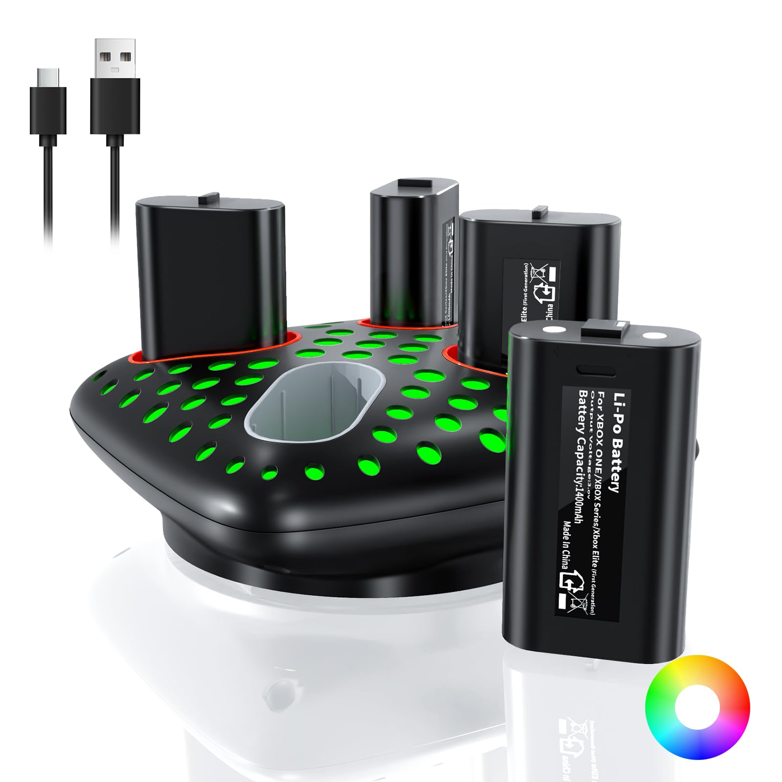 Rechargeable Batteries Packs for Xbox Controller, 4X5180mWh Xbox One Controller Battery Packs with Lights Charger Station for Xbox Series X|S, Xbox One S/One X/Elite Controllers Accessories (Style 2)