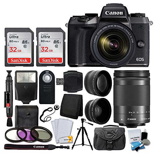 Canon-EOS-M5-Mirrorless-Digital-Camera-EF-M-18-150mm-f35-63-IS-STM-Lens-Graphite-SanDisk-64GB-55mm-Wide-Angle-2x-Lens-Wireless-Remote-Quality-Tripod-Slave-Flash-Accessories-Bundle