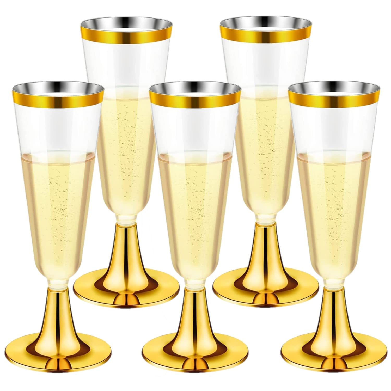 LATERN 30Pcs Plastic Champagne Flutes, 150ml Gold Champagne Glasses Reusable Stemmed Party Wine Cups for Garden Wedding Anniversary Shower Parties (5.5 x 16.5cm)