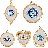 Beebeecraft 5Pcs 5 Styles Enamel Evil Eye Charms 18K Gold Plated White Blue Oval Teardrop Heart Shape Eye Pendant Charms for Jewelry Making