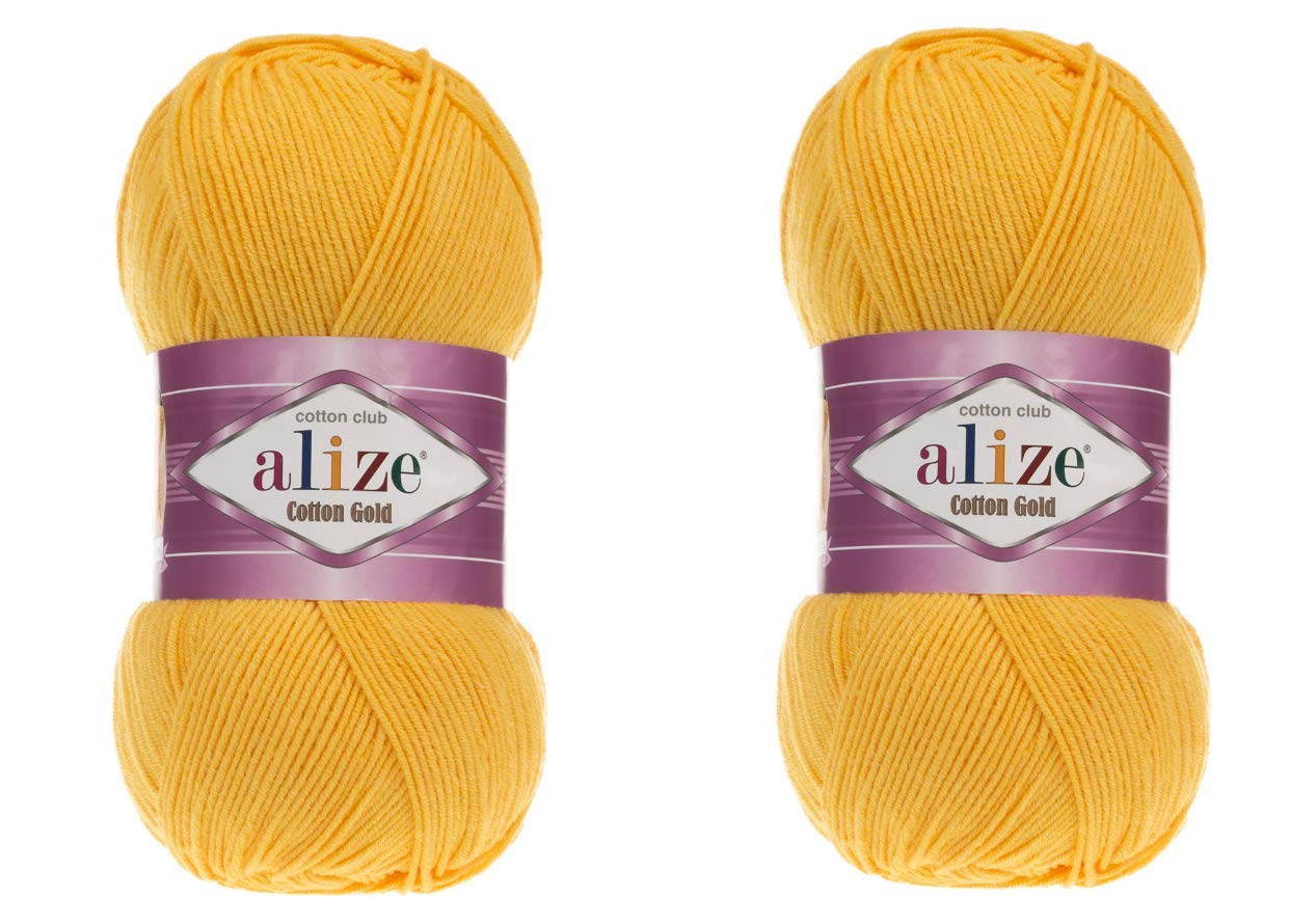 Alize Cotton Gold Yarn 55% Cotton 45% Acrylic Yarn Crochet Hand Knitting Art Lot of 2 Skeins 200gr 722yds (216-DARK Yellow)