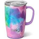 Swig Life 18oz Travel Mug, Insulated Tumbler with Handle and Lid, Cup Holder Friendly, Dishwasher Safe, Stainless Steel, Travel Coffee Cup (Cloud Nine)