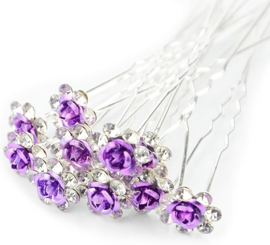 TQWY Lovely Charm 20pcs Wedding Bridal Party Diamante and White Faux Prom Pearl Flower Rhinestone Crystal Hair Pins Clips Grips Pins Hairpins Bridesmaid Clips (Purple)