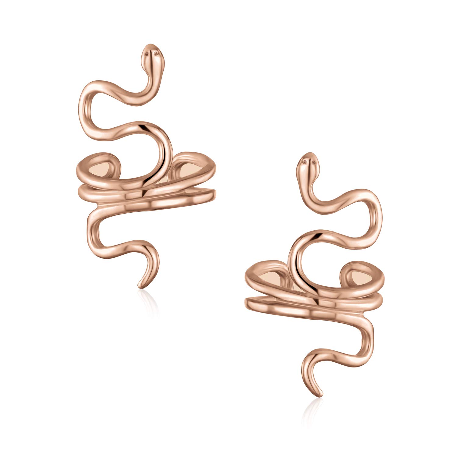 Helix Climber Crawler Snake Serpent Clip On Wrap Wire Cartilage Lobe Ear Cuff Earrings For Women Teen Men Non Pierced Ear Rose Gold Plated .925 Sterling Silver Pair