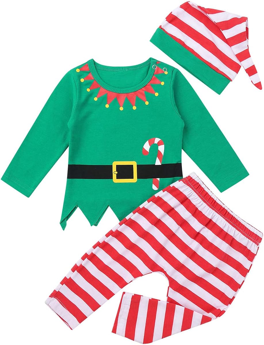 Yeahdor Infant Baby Boys Girls Christmas Elves Cute Outfits Long Sleeve Green Tops with Stripe