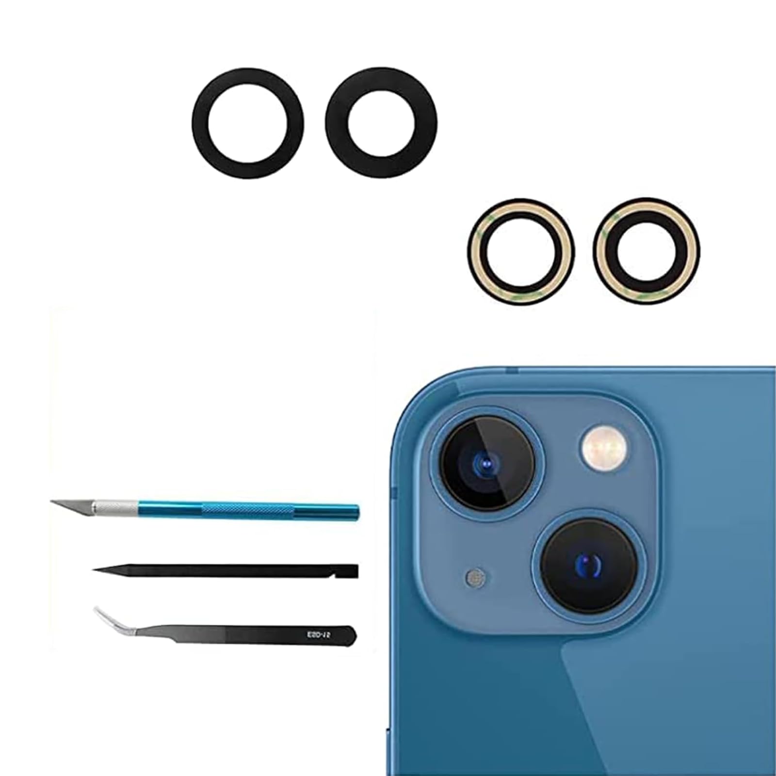 2 Pcs/Set Sapphire 13/13 Mini Rear Back Camera Glass Lens Replacement for iPhone 13 for iPhone 13 Mini Camera Glass Lens Replacement + Repair Tool Kit Set,Anti-Lens Scratch