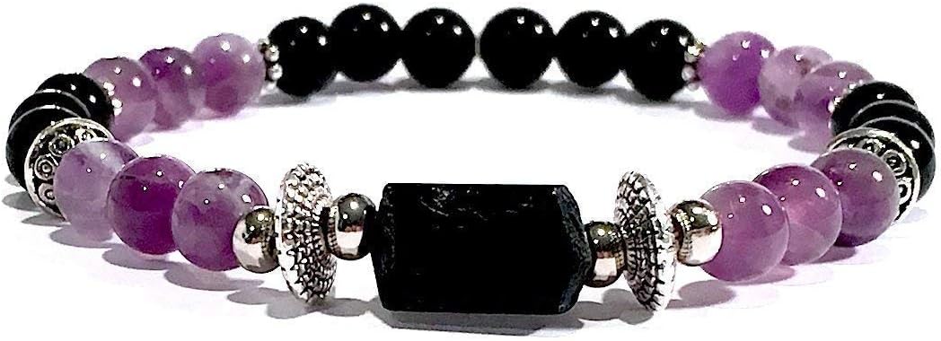 Sky Spirit JewelryHandmade Natural Black Tourmaline and Amethyst Healing Bracelet 7 Inches