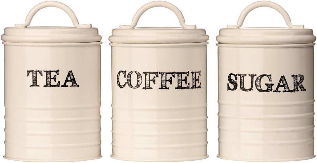 Set 3 Retro Style Metal Tea Coffee And Sugar Canisters In Cream