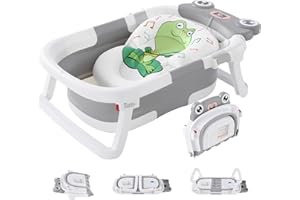 LUCAKUINS Foldable Baby Bathtub with Cushion & Water Thermometer and Drain Hole, Portable Durable Foldable Baby Bath Tub for Newborn Infants 0-36 Months (Grey)