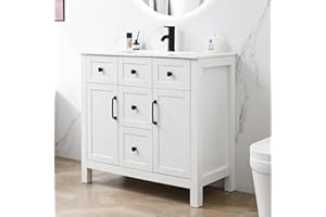 ALBAD 36-Inch Modern Bathroom Vanity with Sink, Large Freestanding Storage Cabinet, Double Door and 4 Drawers, Waterproof Surface, Adjustable Shelf, Elegant Ceramic Sink