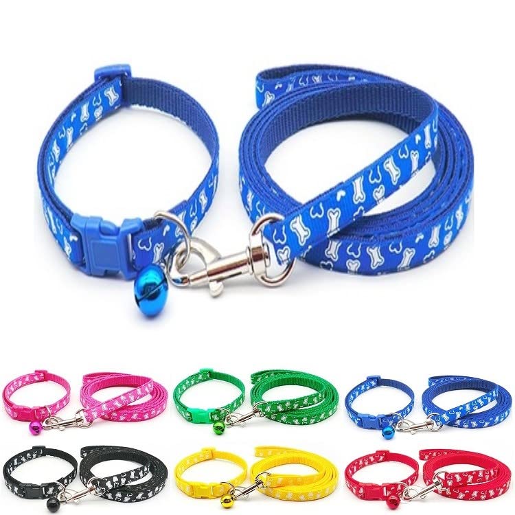 Small Dog Puppy Pet Collar and Lead Set White Bone Design Nylon Adjustable Size 19-32cm Collar with Bell and 120cm Leash Blue