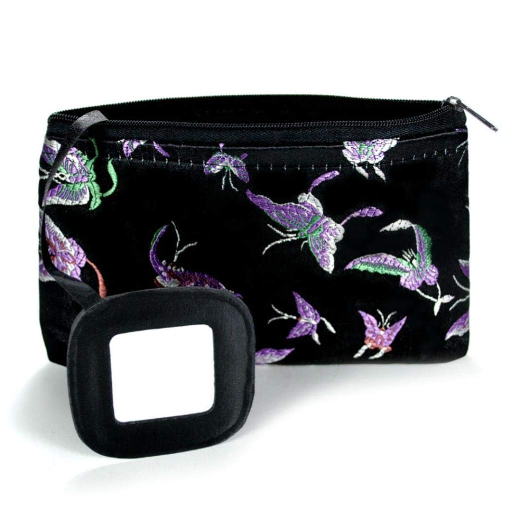 1Pc Black Silk Makeup Bag With Mirror Soft Travel Case