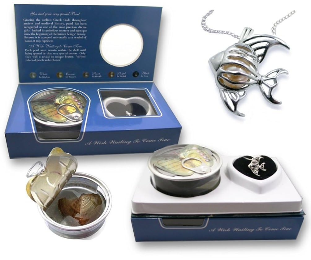 Pearlina Fish Necklace Cultured Wish Pearl Oyster Set Silver tone Plated Cage w/Stainless Steel Chain 18"