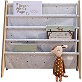3 Sprouts Recycled Fabric Kids Bookshelf – 4-Tier Sling Book Rack Organizer - Nursery Room Playroom Classroom Wooden Book Shelves - Kid Bookcase Wood Storage Shelf for Toddler Age 3+ - Terrazzo Gray