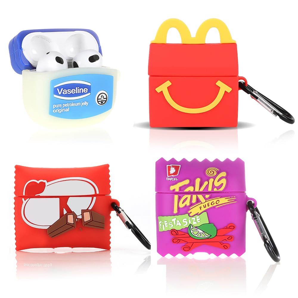Photo 1 of (4Pack) Case for AirPods 3rd Generation Earbuds (2022), Suublg Silicone Charging Case Protective Cover with Cute Cartoon Skin Design for AirPods 3, with Carabiner (Takis+Vase+RDm+Kitkat)
