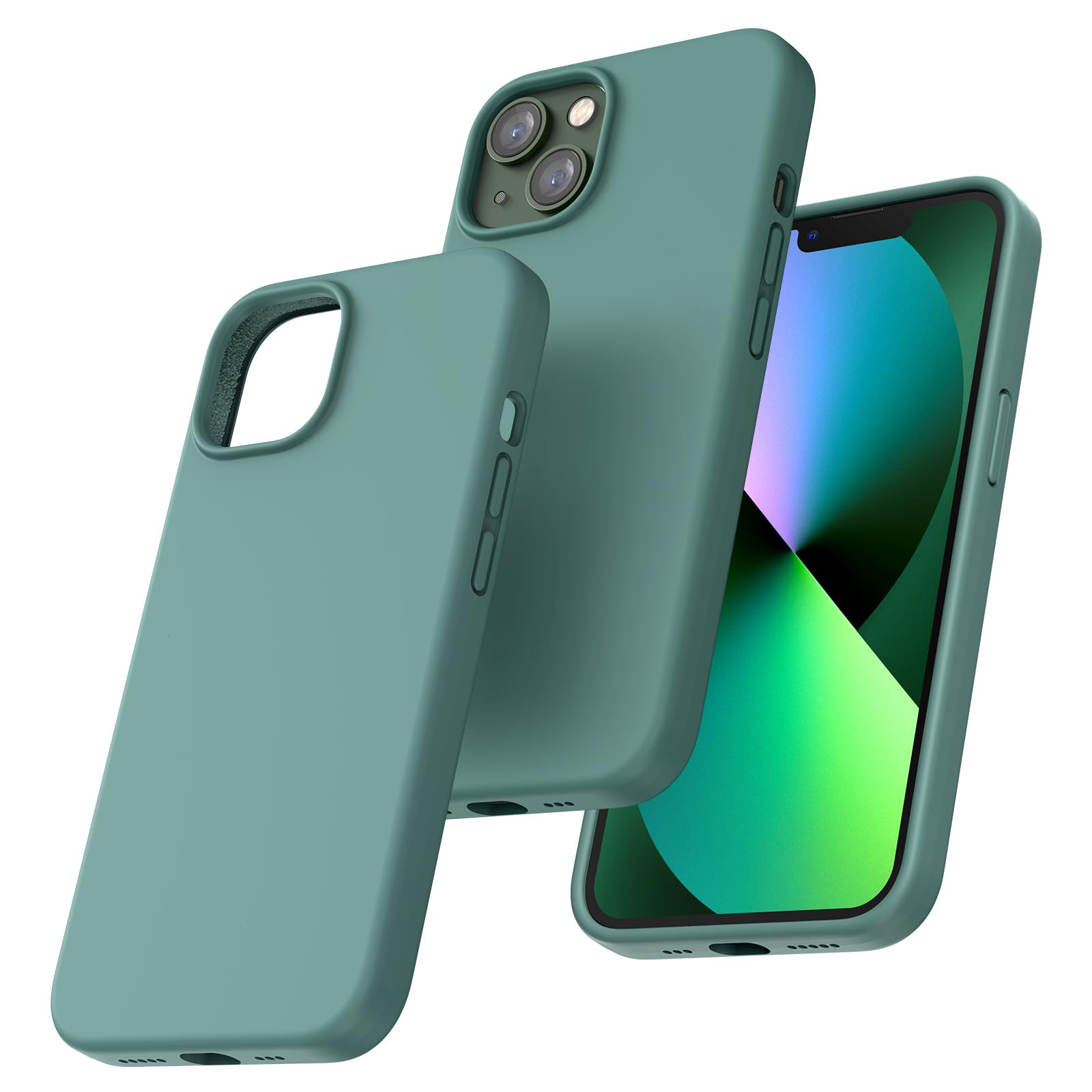 TOCOL Silicone for iPhone 13 Case 6.1-Inch, Liquid Silicone Multi-Color Slim Silky-Soft Touch Anti-Scratch Shockproof Protective Phone Cover, Midnight Green