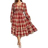CARCOS Women's Plus Size Boho Floral Fall Dress Long Sleeve V Neck Wedding Guest Cocktail Party Flowy Midi Dress XL-5XL