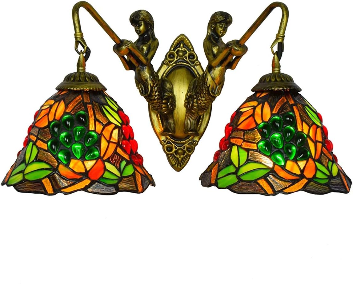 Tiffany Style Wall Lamp Corridor Wall Light British Retro Mermaid Corridor Double Head Wall Lamp American Tiffany Stained Glass Living Room Dining Room Glass Lamp Decoration European Style Retro Stain