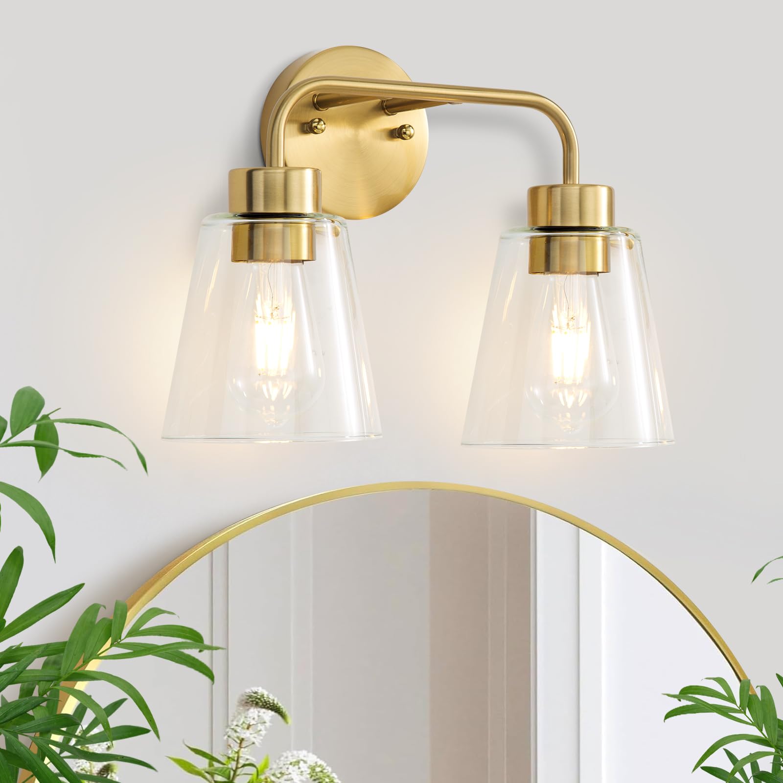 Photo 1 of Beupoel Bathroom Lighting Fixtures Over Mirror Modern Gold Vanity Light with 2 Light Clear Tapered Glass Shade 14.5 inches Brass Bathroom Wall Sconce E26 Base