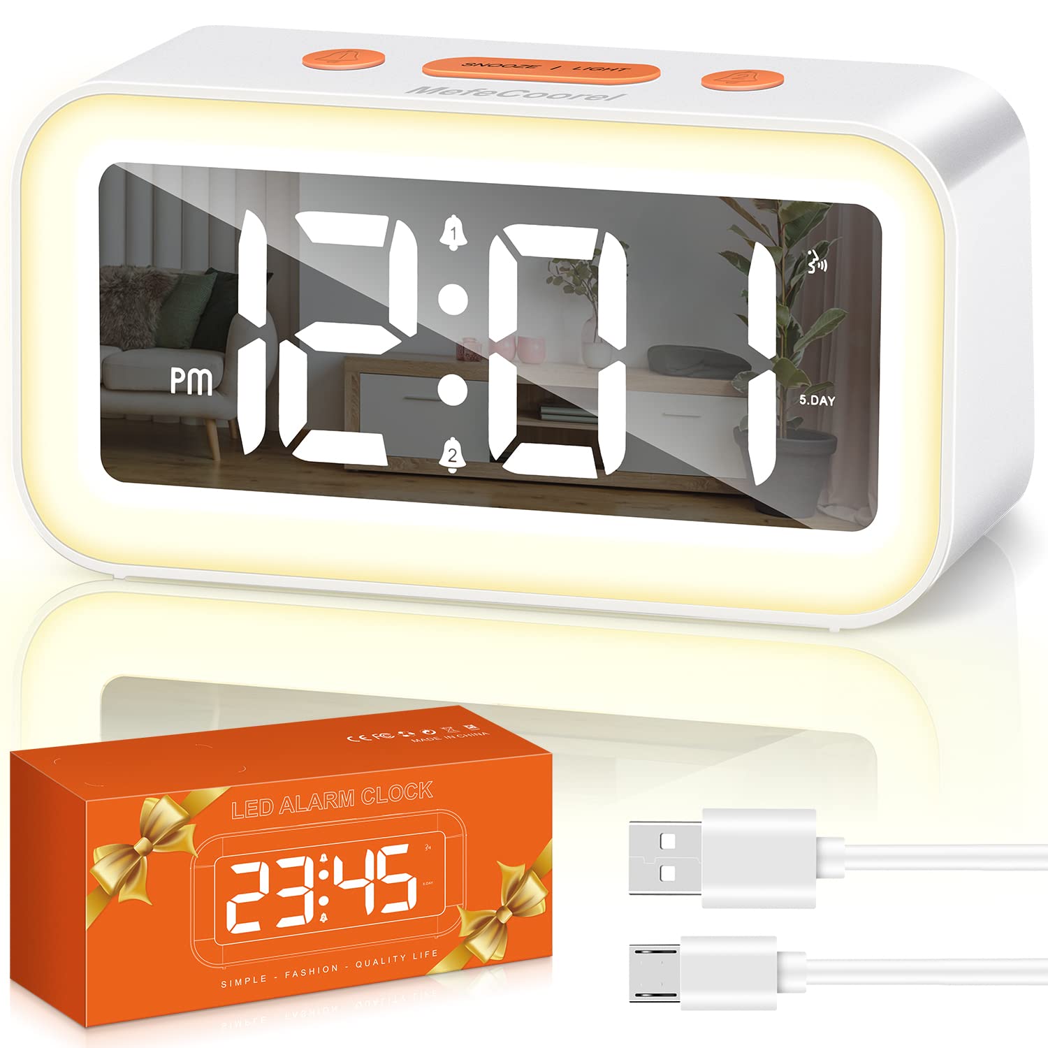 Digital Alarm Clock with Night Light Alarm Clocks Bedside Adjustable Brightness Big LED Digit Display Snooze 12/24Hr Dual Alarm Weekend Mode Sound Activation USB Charging Port for Kids Bedroom Office